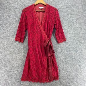 Grapent Dress Women 6 Red Floral Crochet Sheath Short V-Neck Belted 3/4 Sleeve